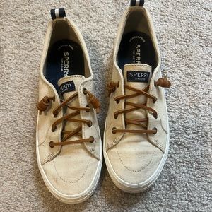 Tan Sperry slip ons